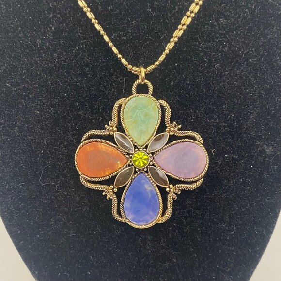 Monet Maltese Cross Pendant Necklace Multicolor Stones Gold Tone Chain 16+2" - Picture 1 of 10